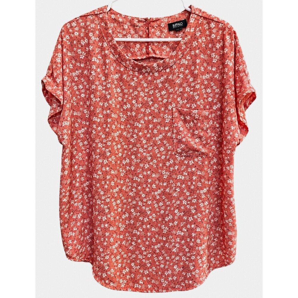 Buffalo David Bitton Women’s XL Orange Floral Round Neck Short Sleeve Blouse